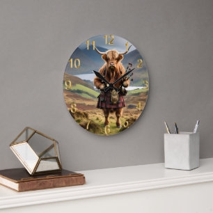 Grande Horloge Ronde Cornemuseur de vache des Highlands écossais,