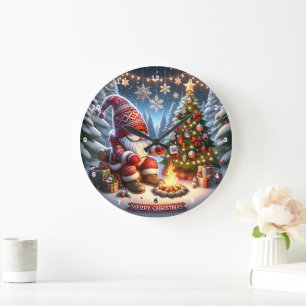 Grande Horloge Ronde Cosy Campfire Gnome" - Mur de Noël Festif