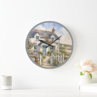 Grande Horloge Ronde Cottage de bord de mer personnalisé à l'aquarelle