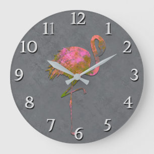 Grande Horloge Ronde Couleur Colorée Été Flamant Rose Chic Moderne Gris