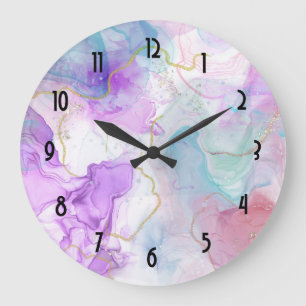 Grande Horloge Ronde Couleurs violettes, vertes, roses, élégantes