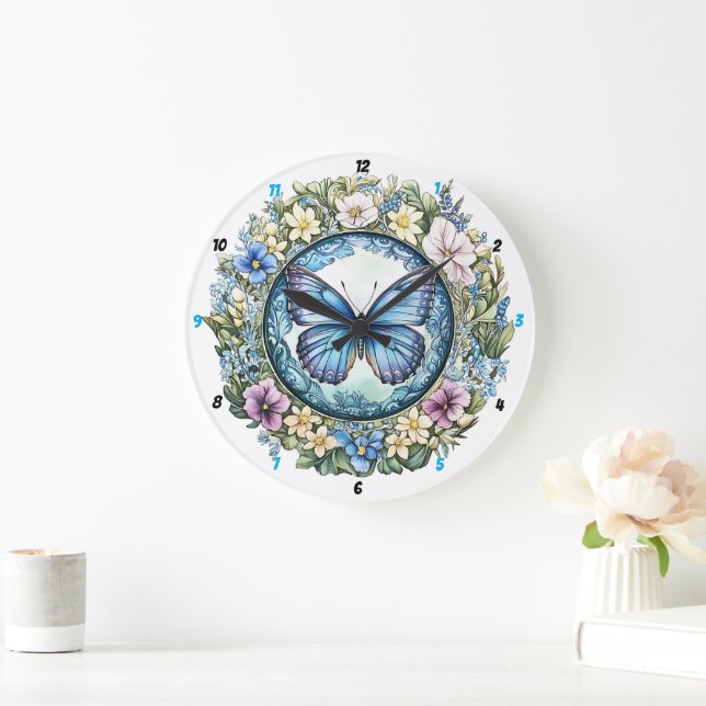 Grande Horloge Ronde Country Garden" - Bleu papillon floral (Maison)