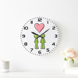 Grande Horloge Ronde Couple de personnages bâtons verts Cœur rose Amour