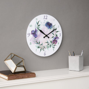 Grande Horloge Ronde Courbe d'hydrangée bleue contemporaine