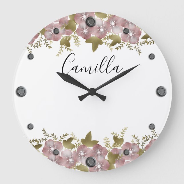 Grande Horloge Ronde Courbe fleurie printemps été fleurs roses vert lea (Recto)