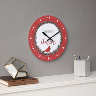 Grande Horloge Ronde Couronne de baies rouges et cardinal rouge de Noël