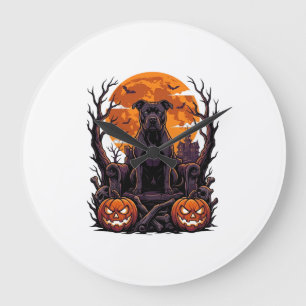 Grande Horloge Ronde Couronne de citrouilles de Pitbull noir Halloween