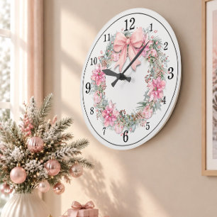 Grande Horloge Ronde Couronne de Noël à l'aquarelle rose élégante