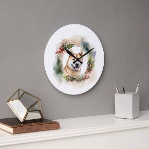 Grande Horloge Ronde Couronne de Noël Akita Chien de fête