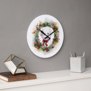 Grande Horloge Ronde Couronne de Noël Bichon Frise Chien festif