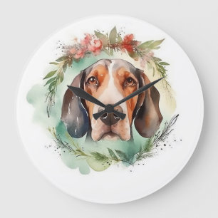 Grande Horloge Ronde Couronne de Noël festive Treeing Walker Pup