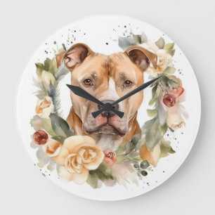 Grande Horloge Ronde Couronne de Noël Pitbull Chien de fête