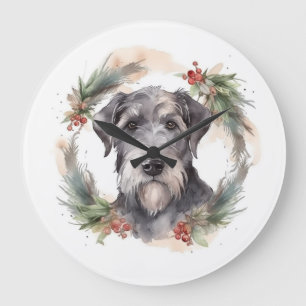 Grande Horloge Ronde Couronne de Noël Wolfhound Chien de fête