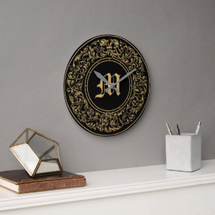 Grande Horloge Ronde Couronne florale de monogramme imprimé baroque roc