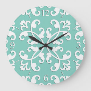 Grande Horloge Ronde Coutwork en dentelle - blanc sur vert de mer