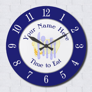 Grande Horloge Ronde Couverts de restaurant sur des nombres bleus blanc