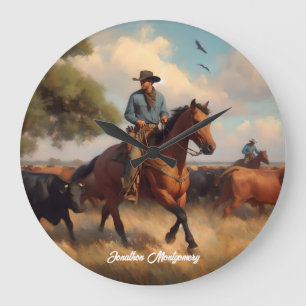 Grande Horloge Ronde Cow-boy menant du bétail à cheval