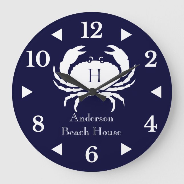 Grande Horloge Ronde Crabe blanc marine bleu côtier (Recto)