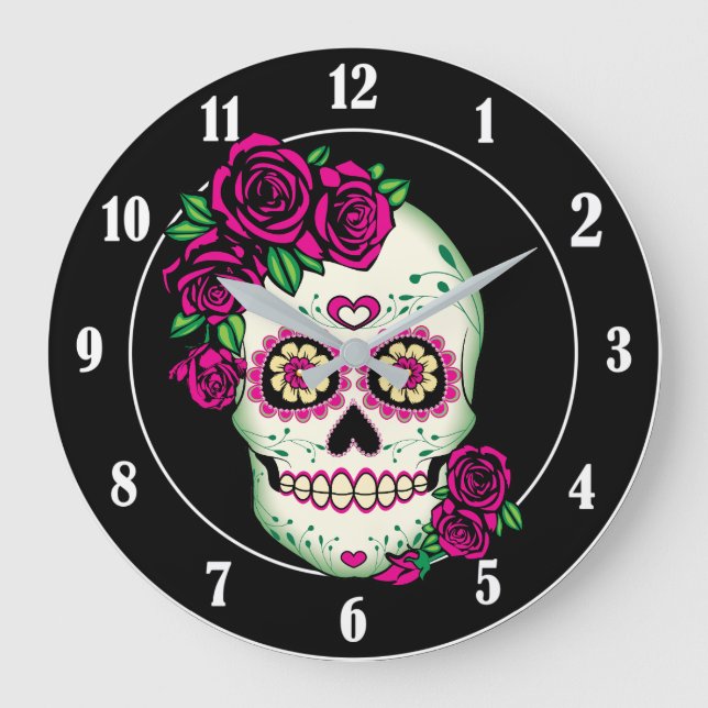 Grande Horloge Ronde Crâne à sucre avec Roses (Recto)
