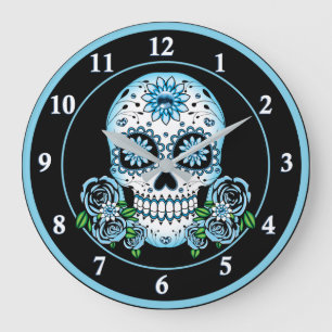 Grande Horloge Ronde Crâne à sucre bleu