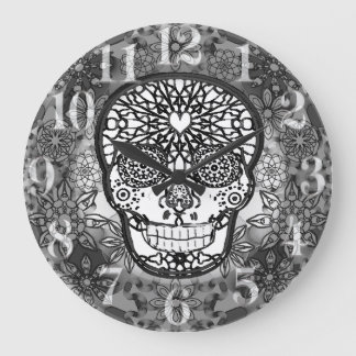 Grande Horloge Ronde Crâne à sucre noir et blanc