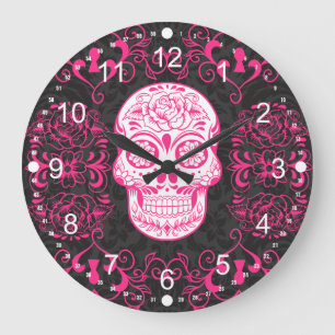 Grande Horloge Ronde Crâne à sucre noir rose chaud Rose Grunge gothique