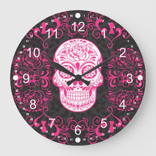 Grande Horloge Ronde Crâne à sucre noir rose chaud Rose Grunge gothique (Recto)