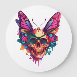 Grande Horloge Ronde Crâne avec des ailes de papillon