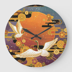 Grande Horloge Ronde Crane Bird Chrysanthemum Motif japonais
