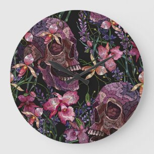 Grande Horloge Ronde Crâne brodé : Motif gothique de l'orchidée