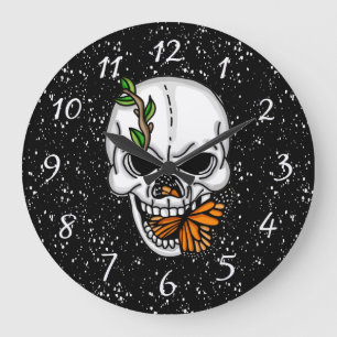 Grande Horloge Ronde Crâne d'Art numérique et papillon monarque