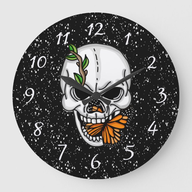 Grande Horloge Ronde Crâne d'Art numérique et papillon monarque (Recto)