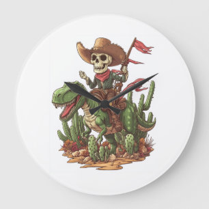 Grande Horloge Ronde Crâne de Cowboy Jurassique � Dino Rodéo Drôle