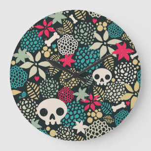 Grande Horloge Ronde Crâne en fleurs