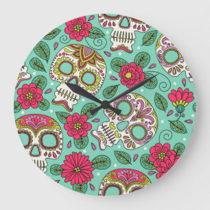 Grande Horloge Ronde Crâne et fleurs mexicaines, sans soudure.
