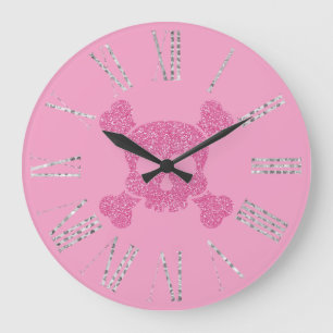 Grande Horloge Ronde Crâne et Os de Luxe Pailleté Rose