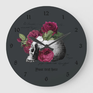 Grande Horloge Ronde Crâne Floral Bourgogne Gothique Crâne