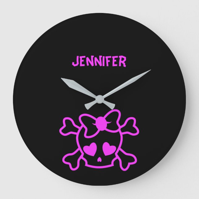 Grande Horloge Ronde Crâne girly rose d'emo avec l'arc (Recto)