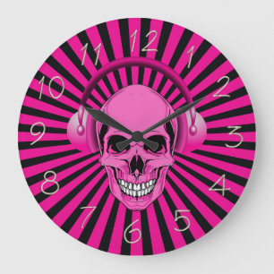 Grande Horloge Ronde Crâne rose avec l'horloge d'écouteurs