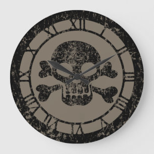 Grande Horloge Ronde Crâne usé et os croisés