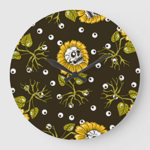 Grande Horloge Ronde Crânes de tournesol : Unique Motif sans fil.