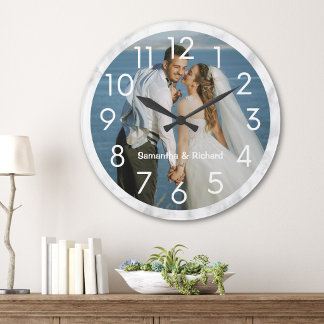 Grande Horloge Ronde Create Your Own Personalized Name Couple Photo   