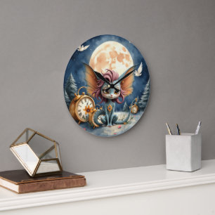 Grande Horloge Ronde Créature de Fantaisie Mignonne au Clair de Lune