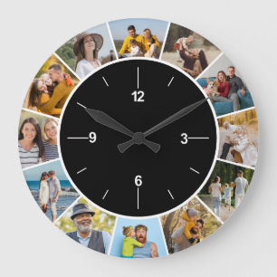 Grande Horloge Ronde Créez votre propre collage de 12 photos en noir et