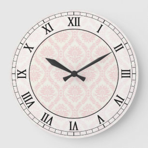 Grande Horloge Ronde crème légère et damas rose chiffres romains