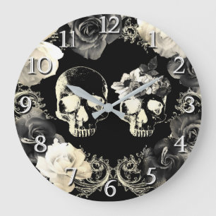 Grande Horloge Ronde Crème Noir Gris Squelette Crâne Gothique Glam