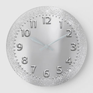 Grande Horloge Ronde Cristal gris argent Parties scintillant chiffres a