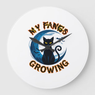 Grande Horloge Ronde Crocs qui poussent Chat noir d'Halloween Lune bleu