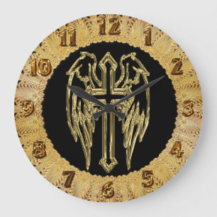 Grande Horloge Ronde Croix catholique d'or avec ailes
