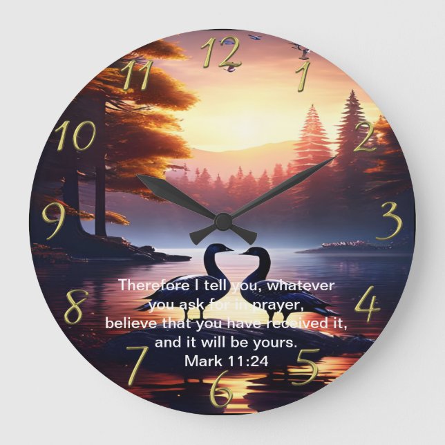 Grande Horloge Ronde Croix de foi chrétienne avec Mark 11:24 (Recto)